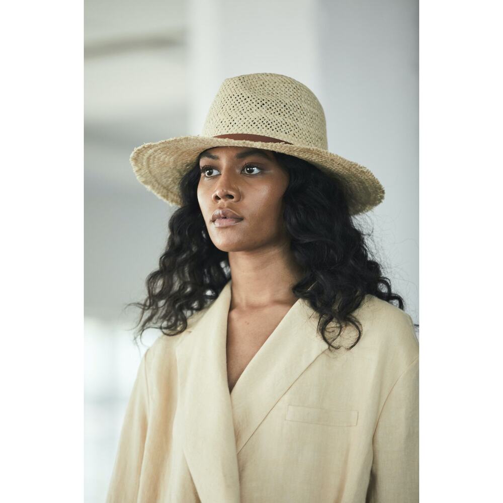 Janessa Leone Ivana Jute Straw Fedora Hat Leather Band Natural Size Medium